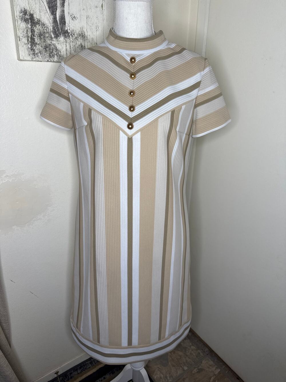 70s Vintage R&K KNITS Ribbed Knit Dress Earth Tone Chevron Stripes ILGWU Mod